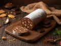 Un delizioso salame al cioccolato, cosparso di zucchero a velo, su un tagliere di legno. Biscotti, cioccolato e menta completano la scena.