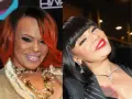 Faith Evans, wokalistka, z rudymi włosami i fioletową szminką, obok siebie w czarnej peruce i czerwonej szmince. Jej mąż, Stevie J, jest również znany z życia publicznego.