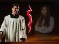 Młody kleryk w sutannie i kobieta po przeciwnych stronach, rozdzieleni czerwoną błyskawicą. Czy to symbol walki z pokusą, która dotyczy co to celibat?