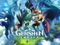 Postacie z Genshin Impact na tle smoka i chmur. Gra dostępna na Xbox One.