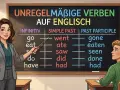 Lehrerin erklärt einem Schüler unregelmäßige verben englisch auf einer Tafel.