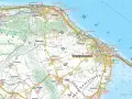 Mapa turystyczna przedstawiająca zachodnie wybrzeże Bałtyku z zaznaczonymi miejscowościami jak Władysławowo, Jastrzębia Góra i Rozewie.