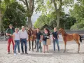 L'élevage de poney de sport présente ses jeunes champions. Une famille fière pose avec ses poulains primés.