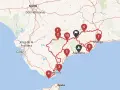 Mapa z zaznaczonymi punktami na trasie po Andaluzji. Zobacz, co warto zobaczyć w regionie, od Sewilli po Malagę.