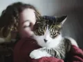 Kot w ramionach dziewczyny, czułe chwile felinoterapii.