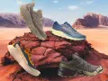Scarpe trail running: un New Balance, un Merrell, un La Sportiva e un Salomon su rocce rosse nel deserto.