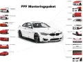 Diagram som visar olika delar av en bil som kan skyddas med PPF-folie, som huv, dörrar och stötfångare.