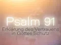 Sanfter Sonnenuntergang über zarten Pflanzen. Text: "Psalm 91: Erklärung des Vertrauens in Gottes Schutz.