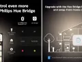 En iPhone-skärm visar Philips Hue-appen med ljuskontroller. Till höger visas en illustration av ett hus med en Hue Bridge som styr lampor i hela hemmet, även fjärrstyrt.