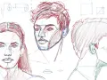 Étude de dessin de visage, montrant différentes vues et proportions. L'artiste explore la structure faciale avec des lignes bleues et des contours rouges.