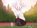 Una figura con capa roja y un lobo blanco caminan por un campo de flores. Detrás, un lobo gigante con astas de árbol observa. No es un juego, es una aventura.