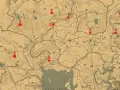 Mapa de Red Dead Redemption 2 con 10 puntos marcados, indicando ubicaciones de rocas talladas rdr2.