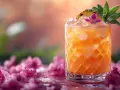 Orzeźwiający drink Bahama Mama z ananasem i kwiatkiem, otoczony różowymi kwiatami.