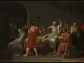 La muerte de Sócrates, obra neoclásica, muestra al filósofo bebiendo cicuta rodeado de discípulos.