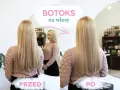 Przed i po zabiegu botoksu na włosy. Włosy przed są lekko falowane, po zabiegu proste i lśniące.