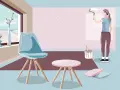 Frau renoviert nach 20 Jahren Miete. Sie streicht die Wand mit einer Farbrolle. Ein Eimer Farbe und ein Stuhl stehen bereit.