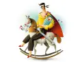 Ilustracje Macieja Szymanowicza: tata-superbohater z niemowlakiem na koniku na biegunach, z mieczem i kwiatami.