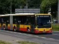 Autobus 114 jedzie ulicą w słoneczny dzień.