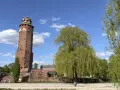 Wieża zamkowa w Brodnicy, otoczona zielenią, na tle błękitnego nieba z chmurami. Piękny dzień na Pojezierzu Brodnickim.