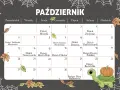 Październikowy kalendarz dni nietypowych z zabawnym żółwikiem i dynią. Zaznaczone święta: Dzień Muzyki, Zwierząt, Nauczyciela, Mycia Rąk, Chleba, Poczty Polskiej, Kundelka i Święto Dyni Halloween.