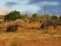 Wieś w Ghanie z glinianymi chatami i strzechami. Sucha, trawiasta powierzchnia.