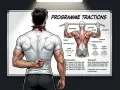Un homme musclé montre un tableau expliquant le programme tractions, avec des schémas anatomiques et un planning d'entraînement.