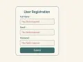 Formularz rejestracji użytkownika z polami: Imię i nazwisko, Email, Hasło. Pola wymagane, gotowe do wypełnienia w technologii html5.
