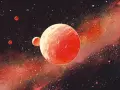 Czerwone planety, w tym duży Mars w raku, unoszą się w gwiezdnym pyle.