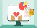 Illustration of a computer screen showing a heart with a dollar sign, hands reaching up, a pie chart, and a calculator, symbolizing pro bono accounting services for nonprofits.