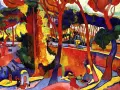 Paysage vibrant aux arbres rouges et bleus, typique du fauvisme Henri Matisse. Des figures humaines colorées animent la scène.