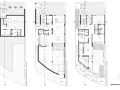 Pianta architettonica di una pianta casa a schiera su 2 piani: seminterrato con garage, piano terra con cucina e soggiorno, primo piano con camere da letto.