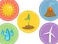 Słońce, roślina, wulkan, krople wody i wiatrak symbolizują odnawialne źródła energii.