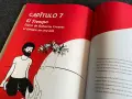 Hiszpański podręcznik z rozdziałem o Robinsonie Crusoe. Ilustracja przedstawia rozbitka na wyspie.