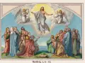 Jesus steigt 40 Tage nach Ostern gen Himmel. Jünger und Engel blicken staunend empor.
