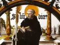 Stained glass depicting St. Benedict the Abbot, holding a book and staff, with a monastery in the background.
