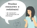 Trudne rozmowy z rodzicami: jak rozmawiać i przekazywać złe informacje? Ilustracja przedstawia kobietę z chmurką dialogową, która symbolizuje wyzwania w komunikacji.