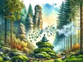 Meditierender Mann in einem moosbewachsenen Wald, umgeben von Felsformationen und magischen Elementen. Eine Fantasiereise in den Wald.