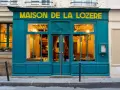 Maison de la Lozère, un ristorante accogliente dove mangiare a Parigi. L'insegna gialla risalta sulla facciata turchese.