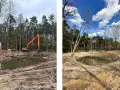 Powstaje nowy staw na zgłoszenie. Koparka pracuje przy brzegu, kształtując teren wokół wodnej przestrzeni.