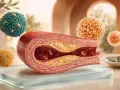 Przekrój naczynia krwionośnego z cholesterolem. Kuleczki symbolizują cząsteczki tłuszczu, sugerując, że hdl cholesterol za niski.