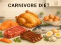 Mięso, ryby i jajka na stole, ilustrujące zasady diety carnivore.