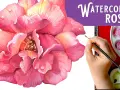 Un magnifique dessin rose aquarelle, avec une main tenant un pinceau près d'une palette de couleurs.