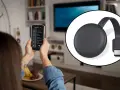 Użyj telefonu, by skonfiguruj moje urządzenie Android TV. Widok na Chromecast i ekran smartfona z menu.