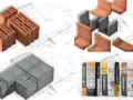 Różne rodzaje pustaków, w tym prefabrykat keramzytowy, oraz materiały budowlane, jak kleje i zaprawy, na tle planów architektonicznych.