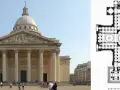 Monumentalny Panteon w Paryżu, przykład klasycystycznego stylu w architekturze, obok jego planu.