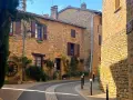 Village pittoresque aux maisons de pierre dorée, avec une ruelle sinueuse bordée de végétation luxuriante.