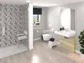 Salle de bain moderne avec douche, lavabo et toilettes adaptées. Des barres d'appui et un siège de douche pliable assurent l'accessibilité.