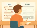 Un estudiante se sienta a una mesa, con un ensayo a la izquierda marcado con correcciones y otro a la derecha listo para escribir.