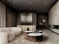 Nowoczesny salon z beżową sofą, drewnianymi stolikami i abstrakcyjnym obrazem.