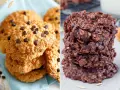 Dos tipos de galletas de avena y chocolate: unas doradas con chispas de chocolate y otras oscuras y húmedas.